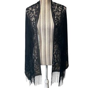 NEW Scarf /Wrap Elegant Black Lace Floral Accessory with Fringe Versatile